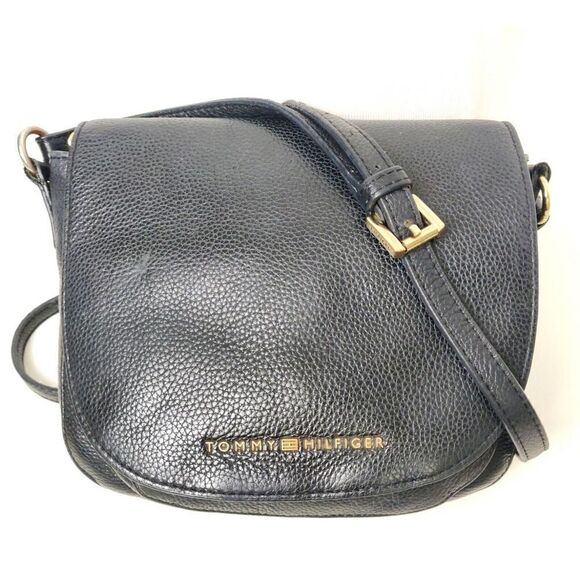 VTG TOMMY HILFIGER BLUE GENUINE LEATHER MESSENGER SHOULDER BAG X-BODY HANDBAG - Picture 1 of 12